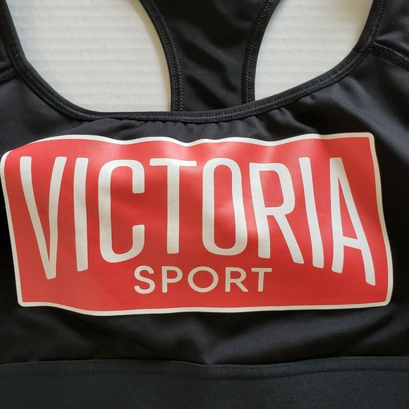 Victoria's Secret Sports Bra Small Racerback Black with Red Logo Across Chest - Picture 3 of 9